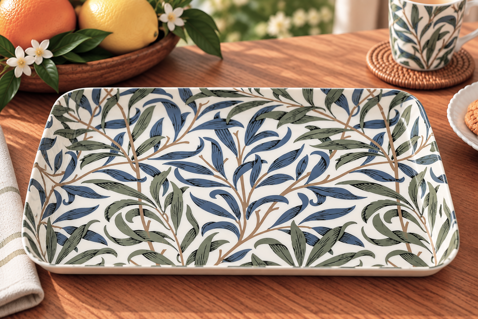 Rectangular ceramic serving tray with a blue-green botanical pattern on a wood table.