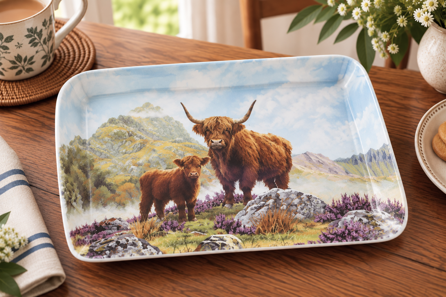 Decorative tray with a Highland cattle pair standing on rocky moor under a blue sky.
