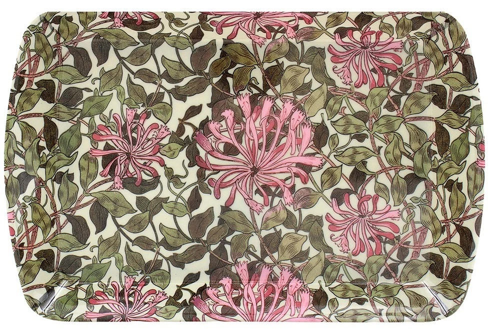 small-trya-honeysucklewm - Butterflygifts Ltd Decorative tray with a leafy vine pattern and pink flowers on a light background.