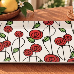 Rectangular white ceramic serving platter with red rose pattern and green leaves on a wooden table.