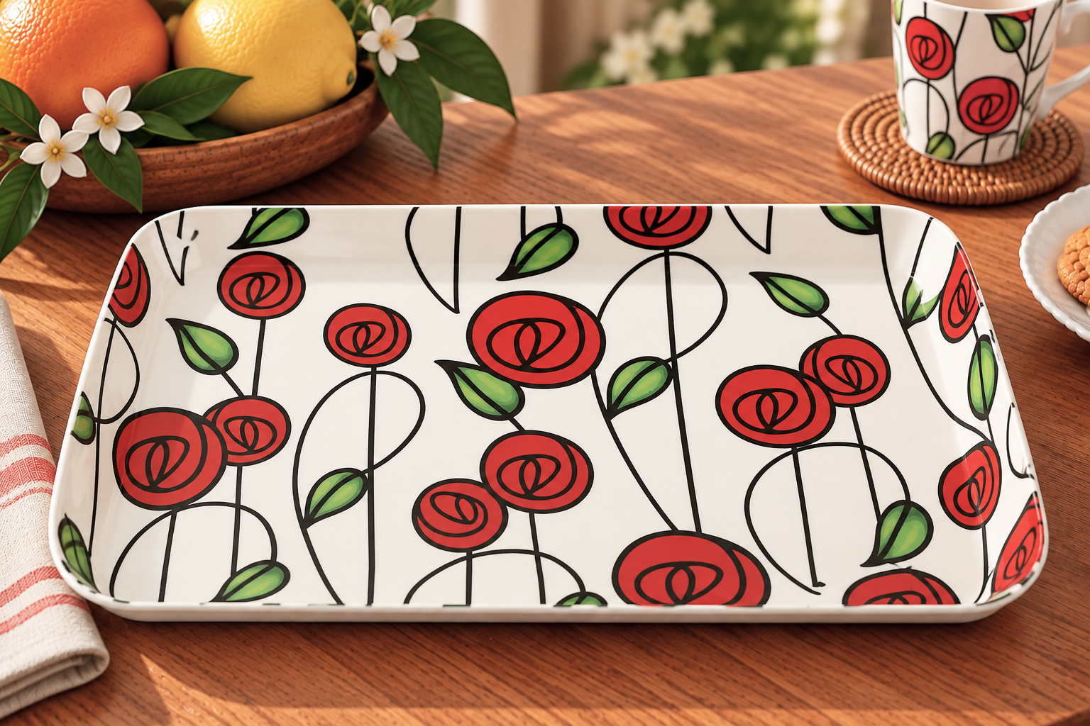 Rectangular white ceramic serving platter with red rose pattern and green leaves on a wooden table.