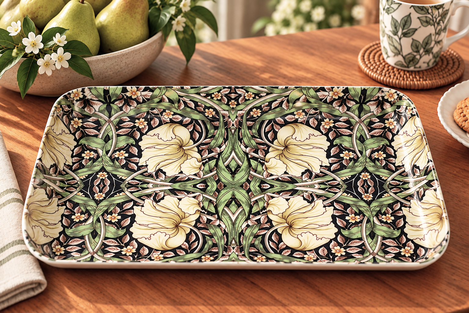 Decorative rectangular ceramic tray with a green-yellow floral pattern on a dark background, on a wooden table beside pears and a mug.