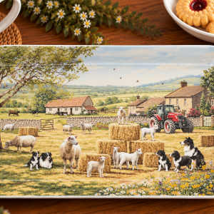 Decorative rectangular plate with a rural farm scene: hay bales, sheep, dogs, a red tractor and stone cottages.