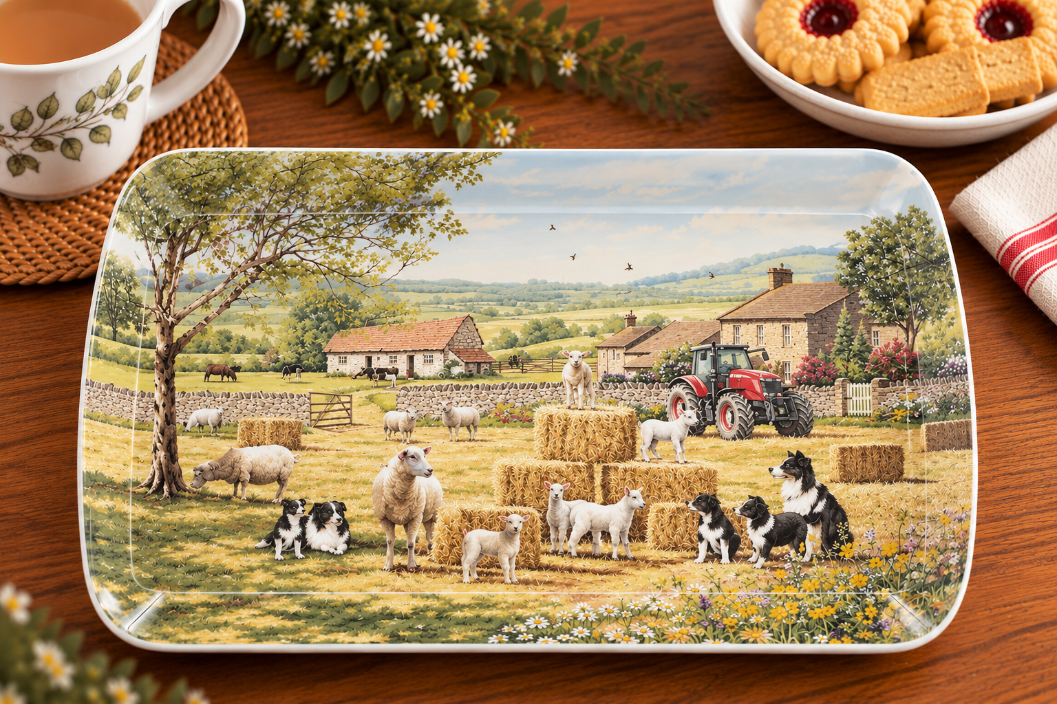 Decorative rectangular plate with a rural farm scene: hay bales, sheep, dogs, a red tractor and stone cottages.