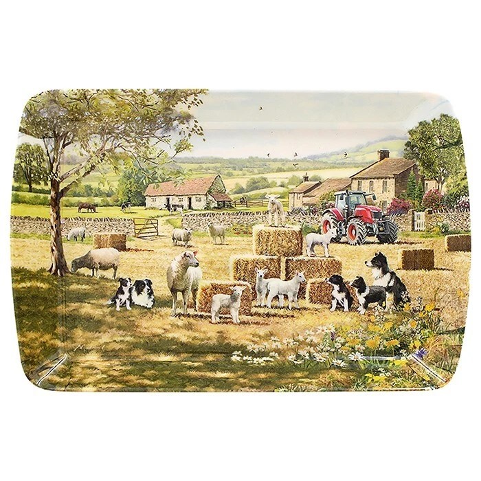 small-tray-collie-sheep - Butterflygifts Ltd Farm scene with dogs around hay bales, a red tractor, and distant farmhouses.